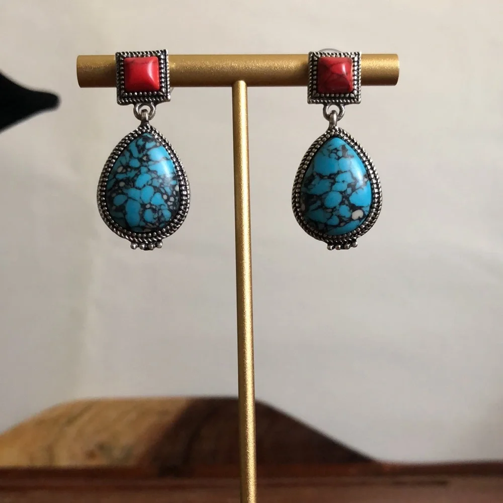 Women’s Orchid Turquoise Earring Ethnic Boho Earrings Blue Red Faux Gemstones